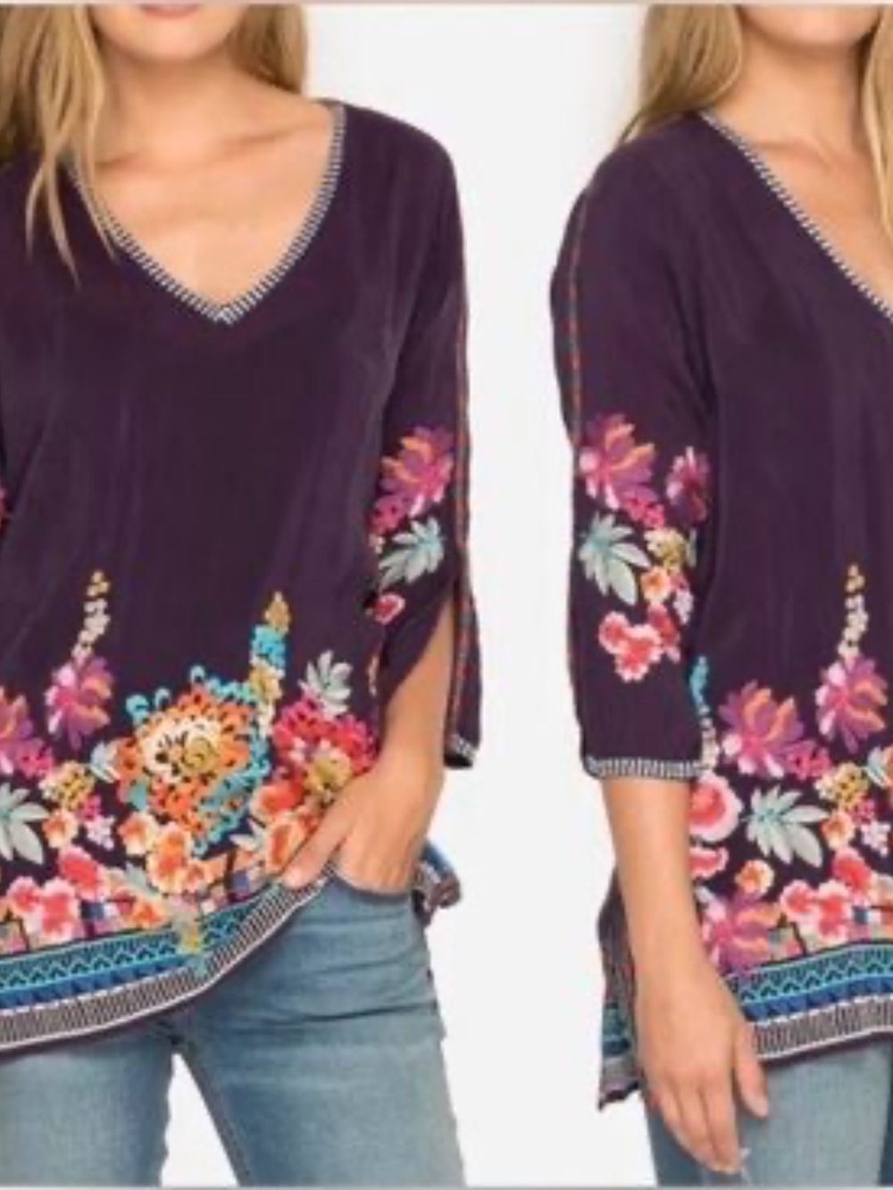 Johnny Was Plum V-Neck Tunic with Multicolor Floral Embroidery